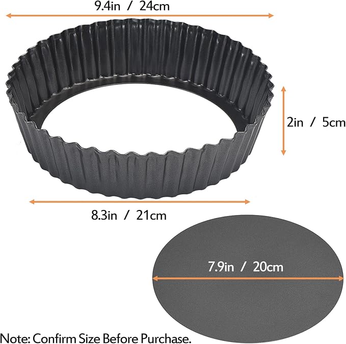 2 Pack 9.4 × 2 Inches Nonstick Tart Pan with removable bottom, Quiche Pans for Baking, Carbon Steel Deep-dish Pie Pan with Removable Loose Bottom