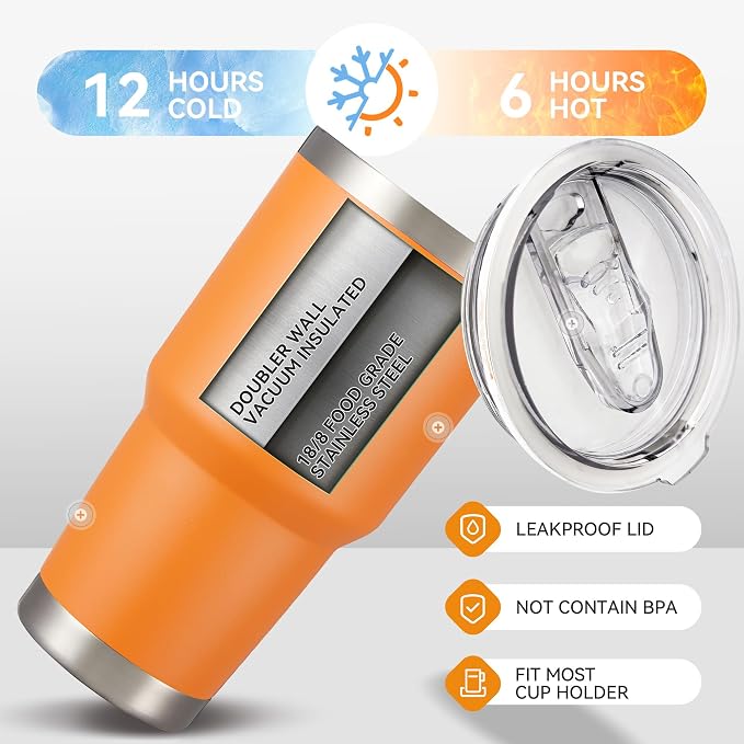 30 oz Tumbler with Lid Stainless Steel Tumblers Bulk, 8 Pack | Vacuum Insulated Cup, Leak Proof Lid, Powder Coated Travel Mug, Double Wall, Keep Cold Drinks for 12 Hours, Orange
