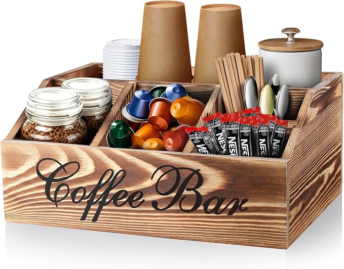 Wood Coffee Station Organizer for Counter | Farmhouse Coffee Bar Organizer | Coffee Pods Holder Bar Accessories | Tea Condiment Basket | Home Decor
