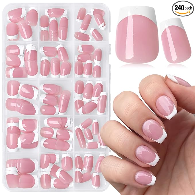 240pc Extra Short Coffin Press on Nails French Tip Fake Nails with Tabs | XS Short Nails Press ons Coffin Glue on Nails Pink Acrylic Nails Stick False Nail Artificial Fingernail for Women Girls