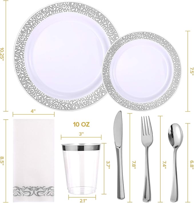 FOCUSLINE 350 Ct Silver Dinnerware Set for 50 Guests, Silver Lace Plastic Plates Disposable Heavy Duty, Including 50 Dinner & Dessert Plates, Cups, Napkins, Cutlery Set