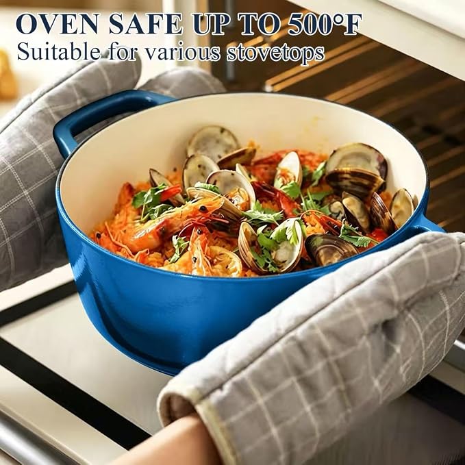 Enameled Cast Iron Dutch Oven - Wildone 6QT Pot with Lid & Cotton Potholders - Oven Safe Enamel Cookware for Bread Baking, Braising, Stews, Roasting, Blue