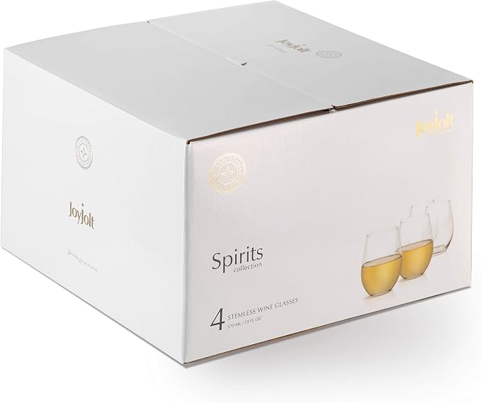 JoyJolt Stemless Wine Glasses Set of 4 – 19 oz Clear Glass Tumblers for Red & White Wine, Cocktails, Dishwasher Safe, Perfect for Home Bar, Gifts