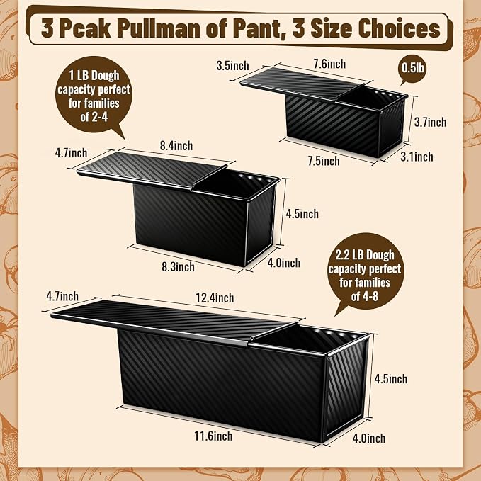 3 Pack Pullman Loaf Pans, Bread Pans with Lids, Black | Non-stick Carbon Steel Bread Pans for Homemade Sandwich and Baking Sourdough Bread, Corrugated Toast Mold