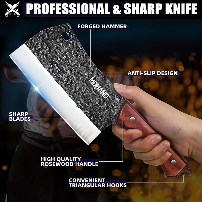 Butcher Knife Set, Hand Forged Meat Cleaver Knife Gift for Men | High Carbon Steel 8PCS Kitchen Knife Set with Sharpener, Ergonomic Handle, Chef Knives Sets for Kitchen Outdoor Cooking BBQ