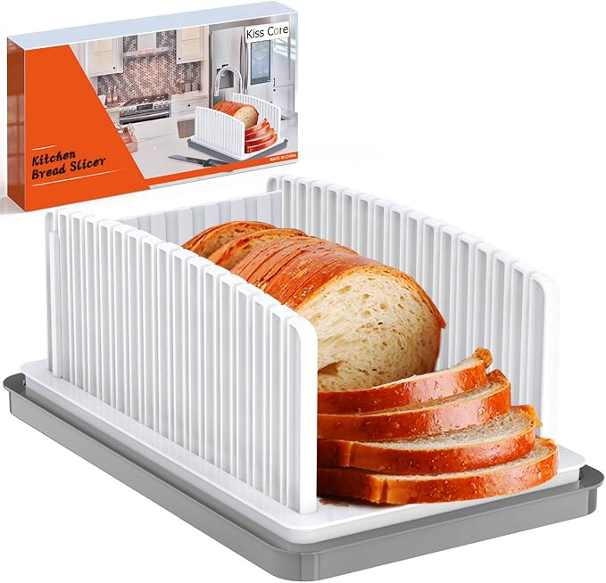 Kiss Core New Upgrade Bread Slicer for Homemade Bread with Adjustable Width | Bread Slicing Guide Foldable and Compact Cutting Guide with Crumb Tray Suitability for Homemade Bread Bagel Cakes