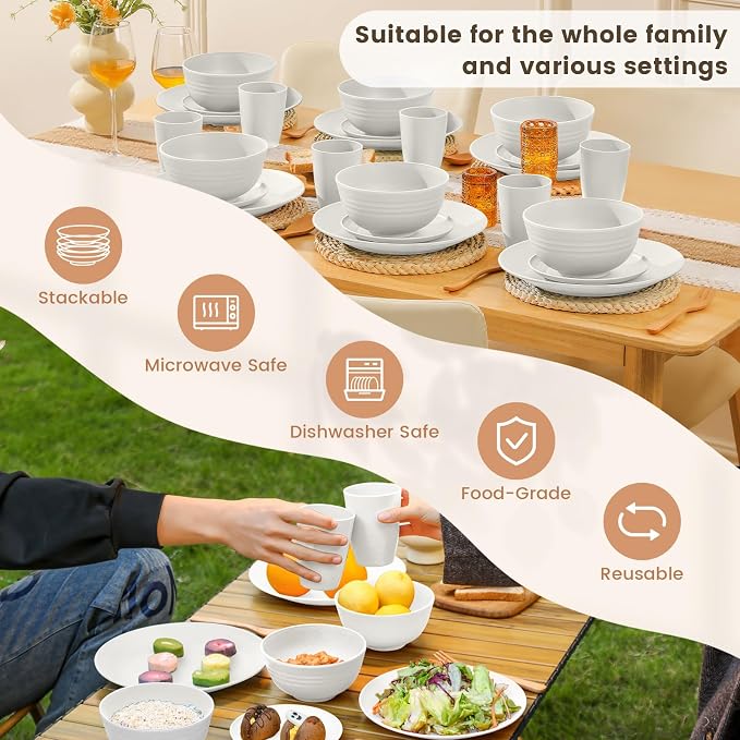 Premium Wheat Straw Dinnerware Sets - 24 PCS Dinner Plates,Plates,Cereal Bowls,Drinking Cups,Lightweight & Unbreakable Dishes Sets for 6,Dishwasher & Microwave Safe for Home - White