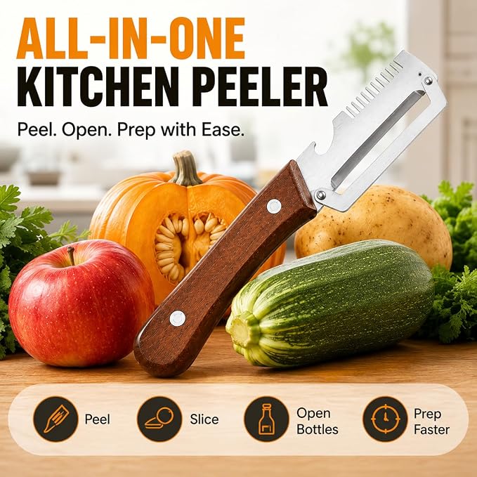 1PCS Multifunctional Vegetable Peeler with Wooden Handle & Bottle Opener | Premium Single Blade Food Peeler & Scallion Shredder Tool for Potato, Carrot, Pumpkin, Papaya, Kitchen Utensils (1 Pack)