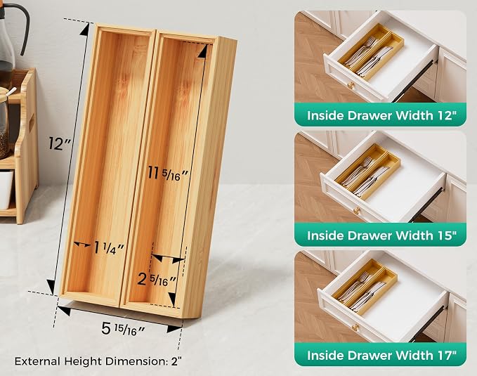 Bamboo Kitchen Drawer Organizer Boxes 12" x 3" Stackable Wooden Organizers | Set of 2 Wood Silverware Utensil Tray for Drawers Bins, Cutlery & Flatware Storage for Junk Drawer, Bathroom, RV