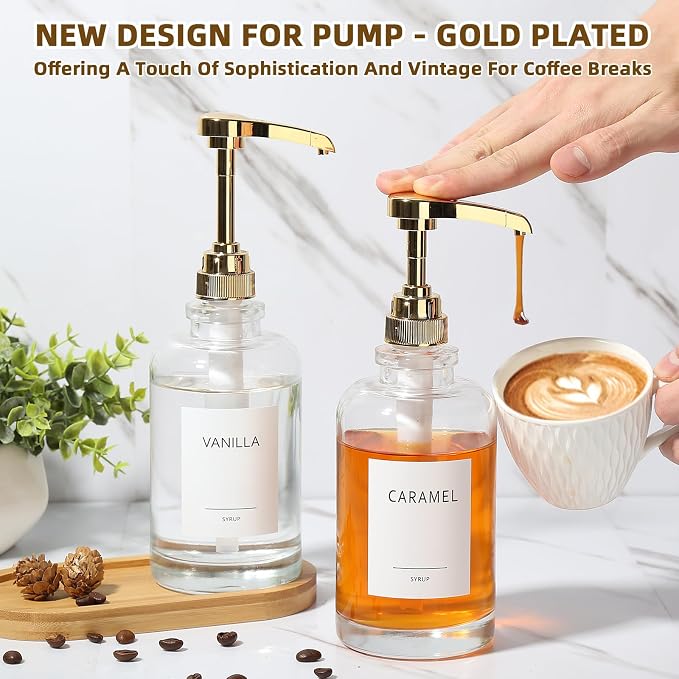 Coffee Syrup Dispenser, Glass Syrup Pump Dispenser for Coffee Bar Accessories, Maple Syrup Bottles with Tray, Simple Syrup Bottles with 1/4oz Large Capacity Gold Pump, 2 Pack 16.9 Fl oz