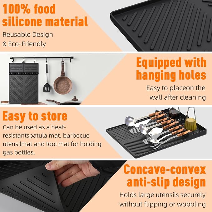 Silicone Grill Mat Compatible with Blackstone, Black | Silicone Griddle Tools with Drip Pad, Spatula Mat, For Outdoor Grill Kitchen Counter