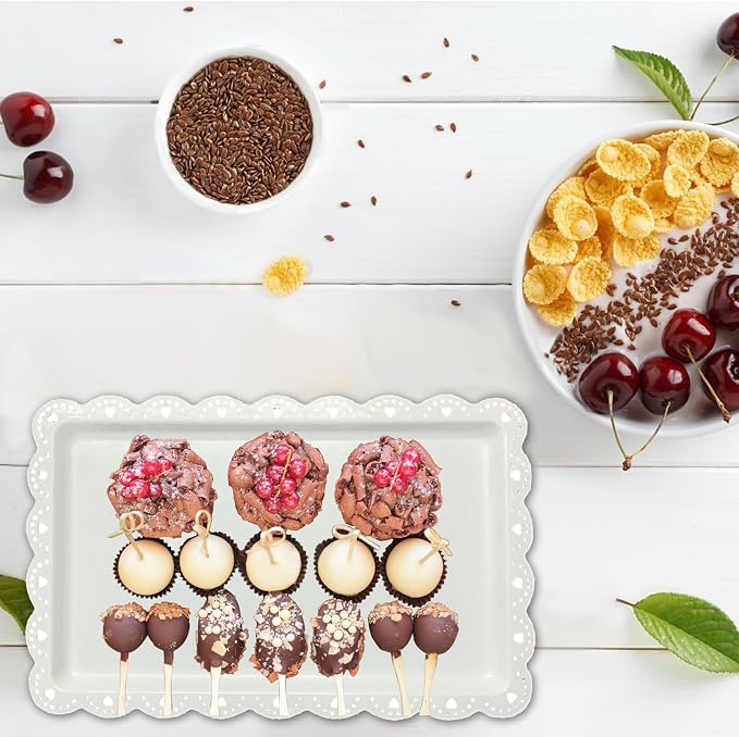 Set of 6 Plastic Serving Trays Food Tray - 14" x 9" Rectangle Serving Platter for Party Cafeteria Kitchen Restaurant , Small Flat Trays for Dessert Fruit Cookie Snack (6, White)