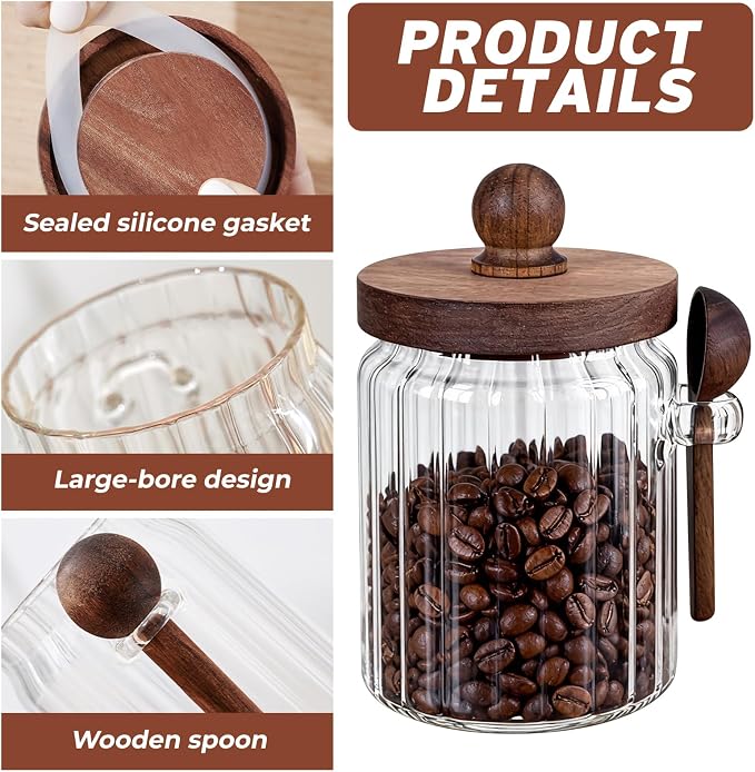 20oz Ribbed Glass Brown Sugar Bowl Wooden Lid Spoon Farmhouse Jar | Farmhouse ribbed glass canister stores coffee, tea, spice & baking goods; decorative kitchen counter food storage container