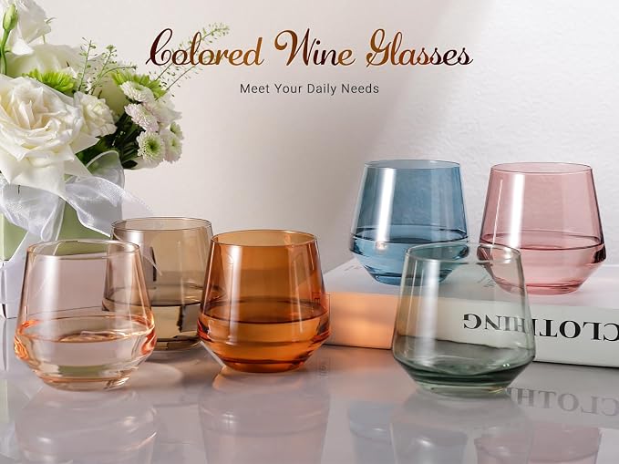 Stemless Wine Glasses Set 6【Colored Wine Glasses Stemless】 Multi Color Short Tumbler【14oz】 Colored Glassware for Wine or Soft Drinks,Unique Wine Gifts for Women Birthday Wedding