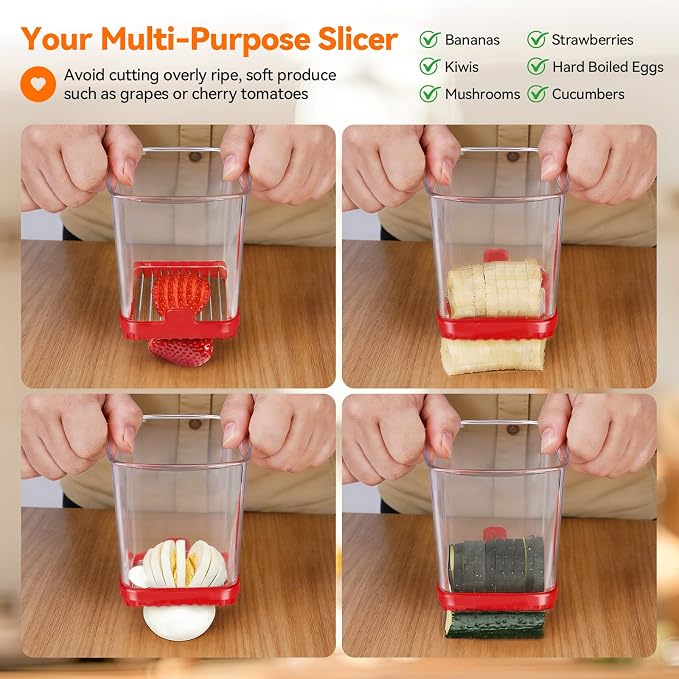 2 Pack Fruit Slicer Cup for Strawberry, Banana, Hard-Boiled Egg - Detachable Cutter with Push Plate - Rapid & Safe Slicing Kitchen Gadget for Quick Meal Prep(Black + Red)