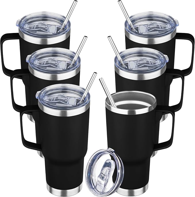 20 oz Tumbler with Handle Stainless Steel Insulated Coffee Tumbler with Lid and Straw Double Wall Vacuum Insulated Coffee Mug Leak Proof Travel Mug Tumbler for Hot and Cold Drink (Black,6pack)