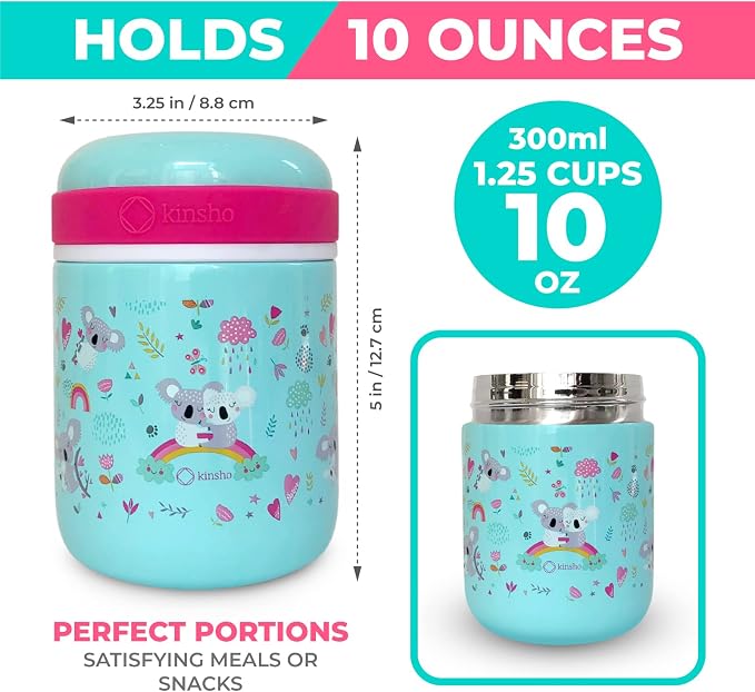 kinsho kids Bento Lunch Box Set with Thermo, Bag & Ice Cold Pack, Koala | 4 Compartments, Removable Tray, Small Meal or Snack Container for Girls Toddlers, Daycare & Pre-School, Steel Food Jar