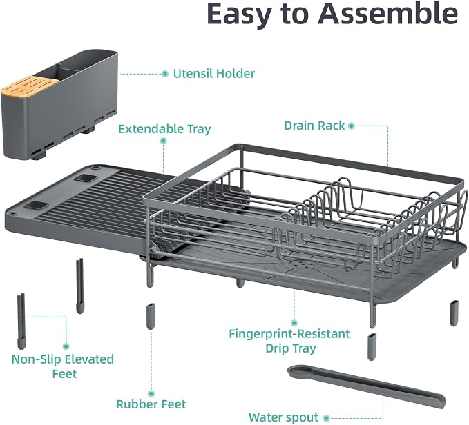 Urackify Extendable Dish Drying Rack, 18.5"-26.7" L x 12.7" W, Gray | Multifunctional large dish rack with cup holder and built-in cutlery holder for versatile drying needs