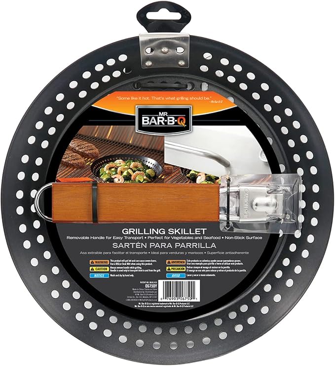 12" Non-Stick Grilling Skillet with Removable Handle - Large Grill Pan & Deep Fryer Strainer Basket for Seafood & Vegetables - Indoor & Outdoor BBQ Grill & Restaurant Use by Mr. Bar-B-Q 06750X