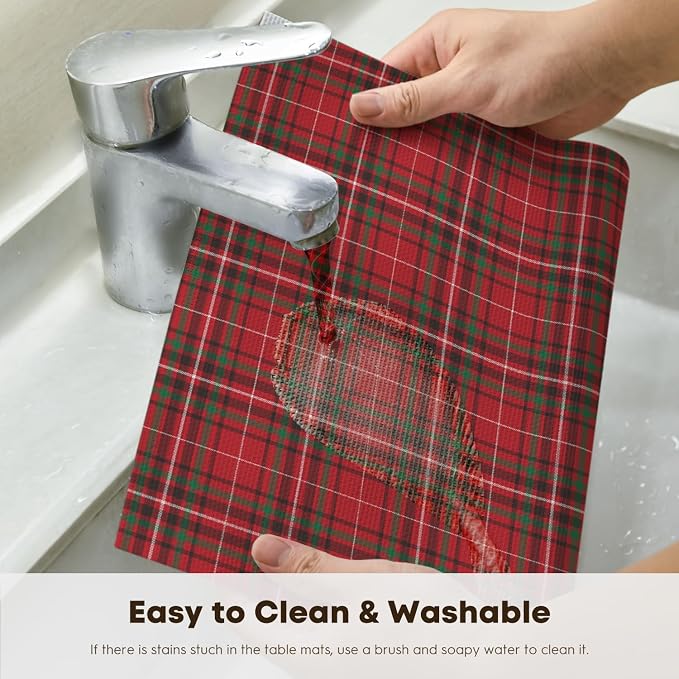 Artoid Mode Red Buffalo Plaid Winter Placemats Set of 4, Washable Heat Resistant Non-Slip Woven Plastic PVC Place Mats for Farmhouse Holiday Party Kitchen Dining Decor