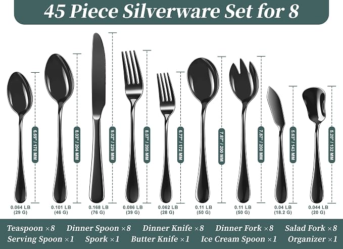 Black Silverware Set with Organizer, 45-Piece Stainless Steel Cutlery Set | Flatware Set for 8, Includes Forks, Knives, Spoons & Serving Utensils, for Dining, Entertaining & Housewarming