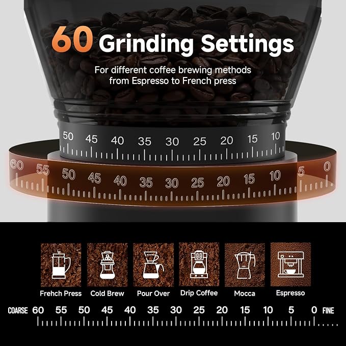 AAOBOSI Cordless Burr Coffee Grinder, Rechargeable with 60 Grind Settings & Anti-Static, Digital Timer Touchscreen, Portable Electric Grinder for Espresso, Pour Over, French Press, Travel, Camping
