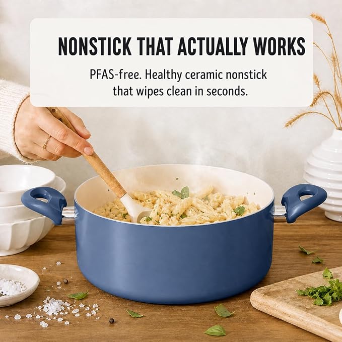 GreenLife 5QT Ceramic Nonstick Stockpot with Lid, Slate Blue | PFAS-Free Nonstick Coating, Casserole Pot, Soup Pot, Pasta Pot, Induction Ready, All Stovetop Compatible, Dishwasher Safe