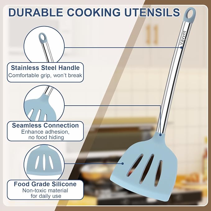 Vayvnt Silicone Kitchen Utensils Set, NonToxic, Plastic-Free, 8PCS, Blue | Heat Resistant Silicone Cooking Utensils, Non Scratch Spatula for Non Stick Pan, Long Stainless Steel Handle, Dishwasher Safe