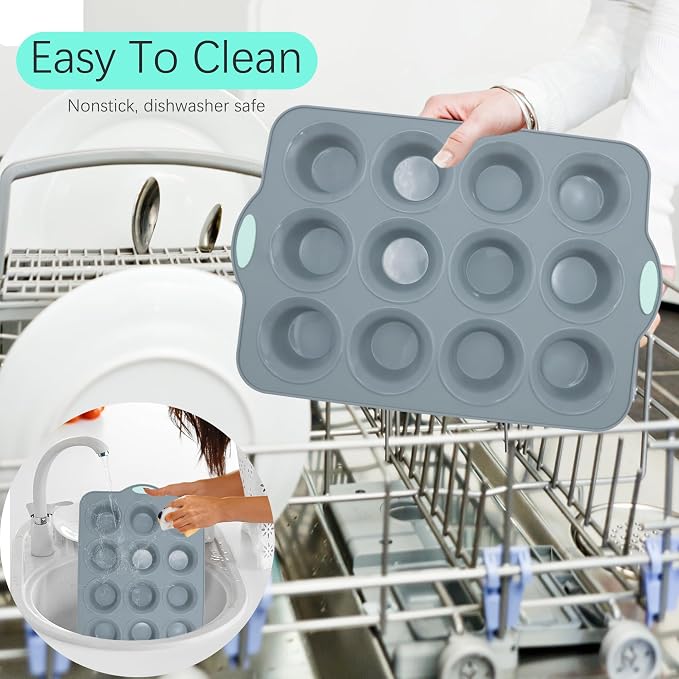 2Pack Silicone Muffin Pan with Metal Frame, 12 Cup Regular Size Cupcake Pan, Non-Stick Baking Tray, Food Grade Baking Molds for Oven, Dishwasher Safe