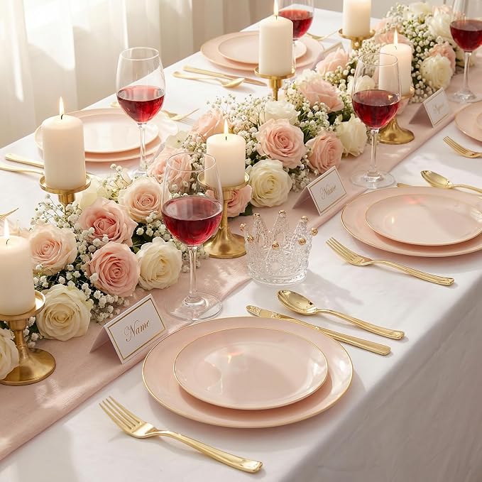 KIRE 175PCS Pink Plates Disposable - Pink and Gold Plates for Baby Shower | Plates Dinnerware Sets - 25 for Dinner 25 for Dessert 25 Pre Rolled Napkins 25Cups for Spring/Wedding/Party