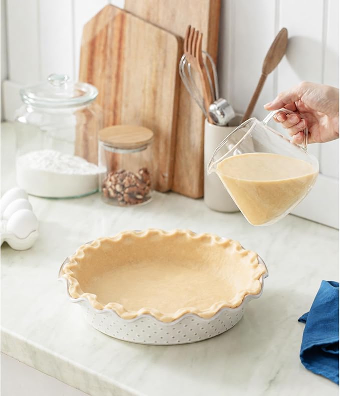 Ceramic Deep Pie Pan for Baking, 11 inch Porcelain Pie Plate for Apple Pie, Oven & Dishwasher Safe, Farmhouse Decor, 48 Ounce Deep Plate for Kitchen, Non-Stick Pie Dish, Embossed Diamond