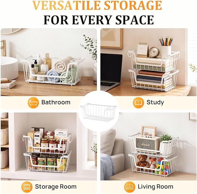 SUNALLY Stackable Storage Bins 6 Pcs Wire Baskets Freezer Organizer, White | Pantry Organizers Storage, Vegetable Fruit Storage Basket for Countertop, Kitchen Baskets for Onion Potato Snack Cans Storage