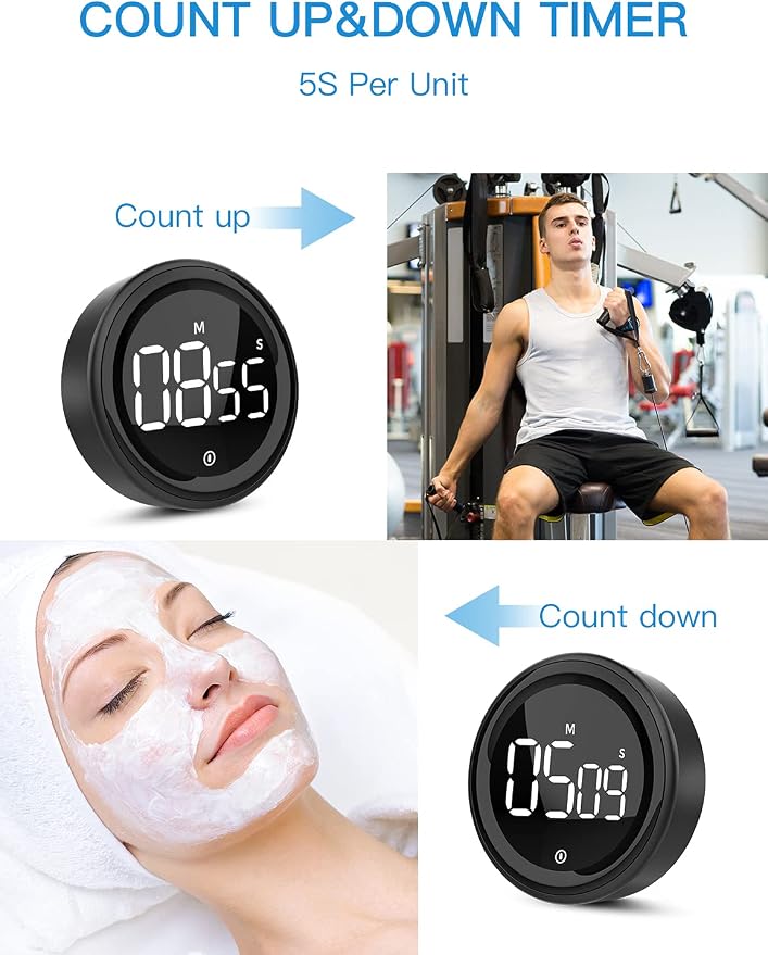 LIORQUE Digital Kitchen Timer, 99 Minute Magnetic Countdown Timer, Black | Large LED Display, 2 Brightness Levels, 3 Volume Levels, Productivity Timers for Classroom Cooking Fitness