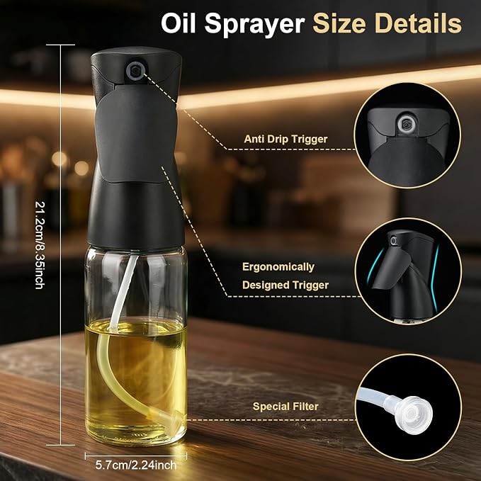 8.5oz Glass Oil Sprayer for Cooking - 1 Pack Refillable Olive Mister for Air Fryer Grilling Kitchen Gadget Black