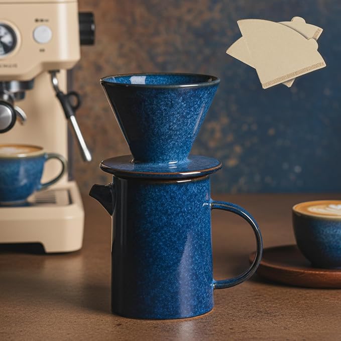 Pour Over Coffee Maker, Ceramic Pour Over Coffee Dripper Set With 20 Paper Filters, 16.5oz/500ml (Royal Blue, V02)