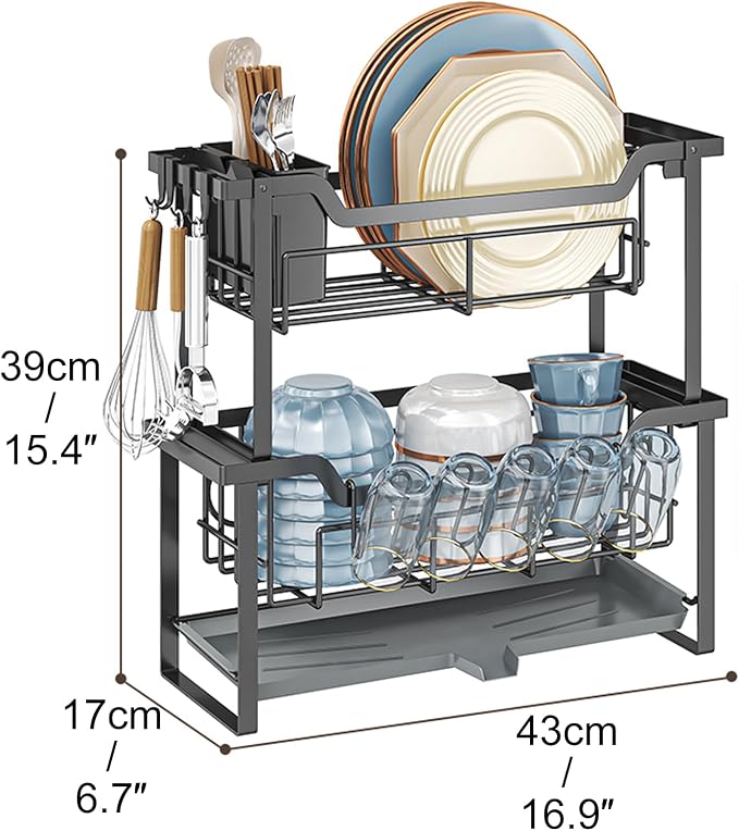 HABITLLO 2-Tier Dish Drying Rack with Drainboard, Large Capacity Dish Racks for Kitchen Counter Shelf with Utensil, Cups, Cutlery & Cutting Board (Black)
