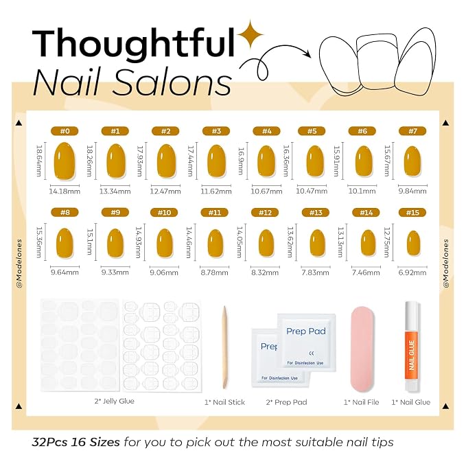 modelones Ginger Yellow Short Press on Nails, Oval Fake Nails Kit | Press Ons with Nail Glue, Adhesive Tabs, Nail File, Prep Pad, Manicure Stick, 32Pcs 16 Sizes, Summer Women Girl Gift