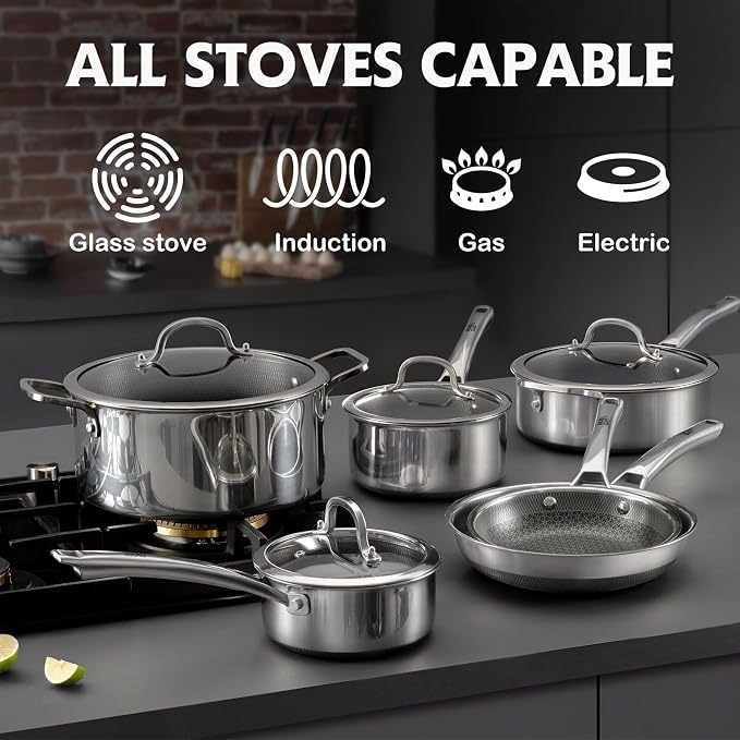 Frying Pans Nonstick Set with Lid,Hybrid Non Stick 5 Quart Saute pan,10 inch Skillet,8 inch Skillet PFOA Free Cookware,Stainless Steel skillet,Deep Braiser,Dishwasher Safe,Works on All Cooktops