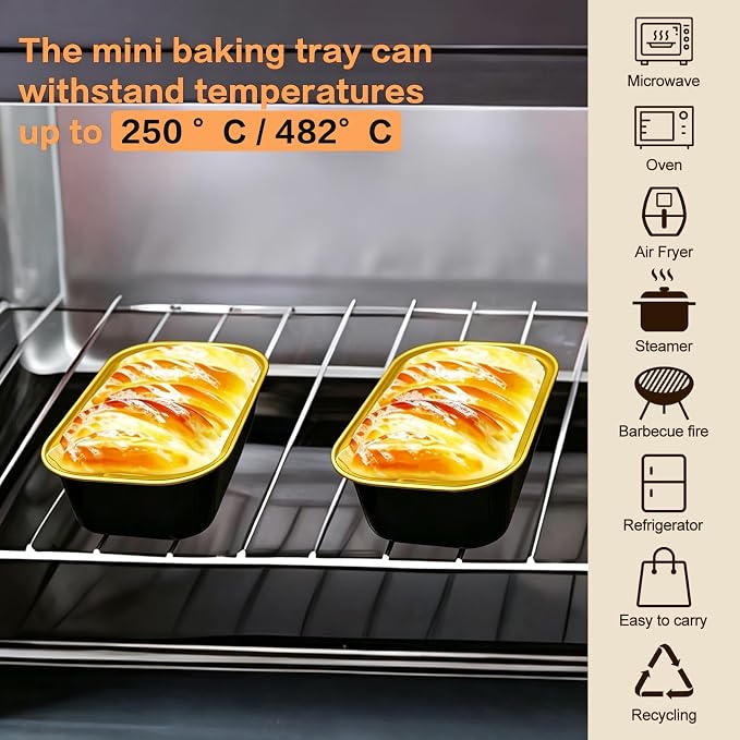 Mini Cake Pans With Lids And Spoons,5.5 oz Rectangle Mini individual Loaf Pans Disposable Aluminum Foil Small Baking Cups Tins (100, Black)