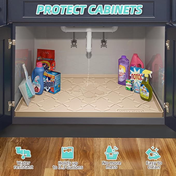 Waterproof Under Sink Mat 25" x 22" Silicone Mat Cabinet Protector | Heavy Duty Kitchen Cabinet Liner, Easy Press Drain, Home Essentials for Pet Feeding, Boots, Bathroom, Organizers & Storage