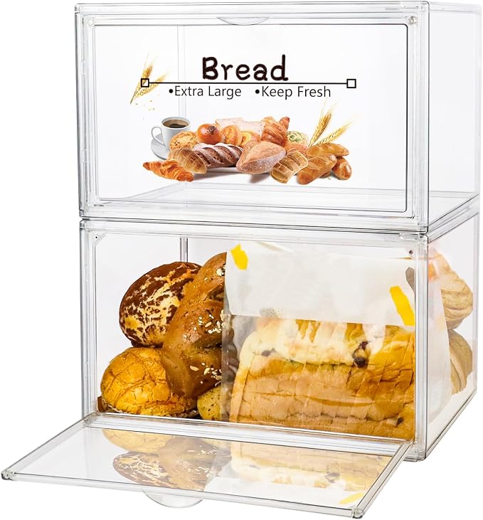 RISICULIS 2PCS Large Bread Box for Countertop, Stackable Double Layer Storage Container, Clear Boxes for Kitchen Counter, Bread Keeper for Homemade Bagel, Muffins, Rolls | Large Capacity Stackable Double Layer, Clear Boxes for Kitchen Counter, Bread Ke...