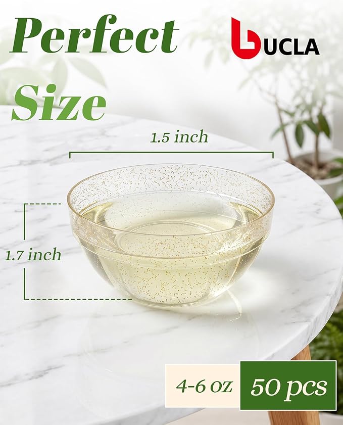 bUCLA 50 Pack Plastic Prep Bowl Sets, 6oz Gold Glitter Small Pinch Bowls | Small Bowls for Salt, Spices, Chopped Ingredients, Dipping Sauces, Ice Cream Toppings, Pudding