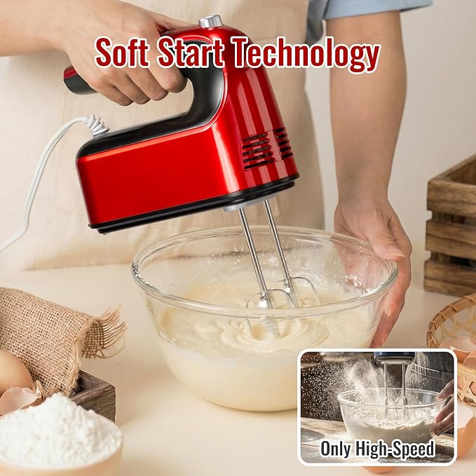 CBQ Hand Mixer Electric, 9 Speed 400W Handheld Mixer with Digital, Touch Button, Turbo, Snop-On Storage Case, 5 Stainless Steel Accessories, Hand Mixer Electric Handheld for Cake, Cookie, Egg (Red)