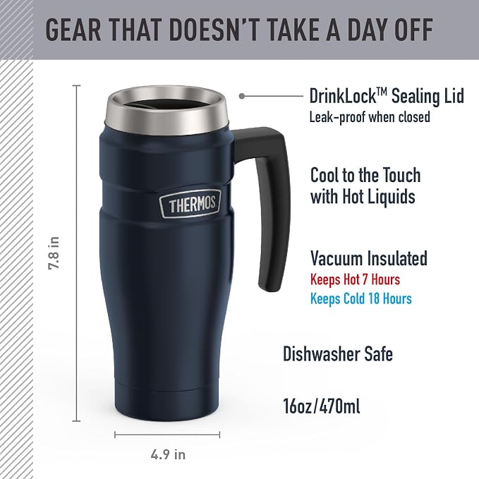 THERMOS Stainless King Travel Mug with Handle, 16oz, Midnight Blue | Vacuum-Insulated Travel Mug with Handle for Hot & Cold Drinks, Stainless Steel Coffee Mug with Lid for Commuting