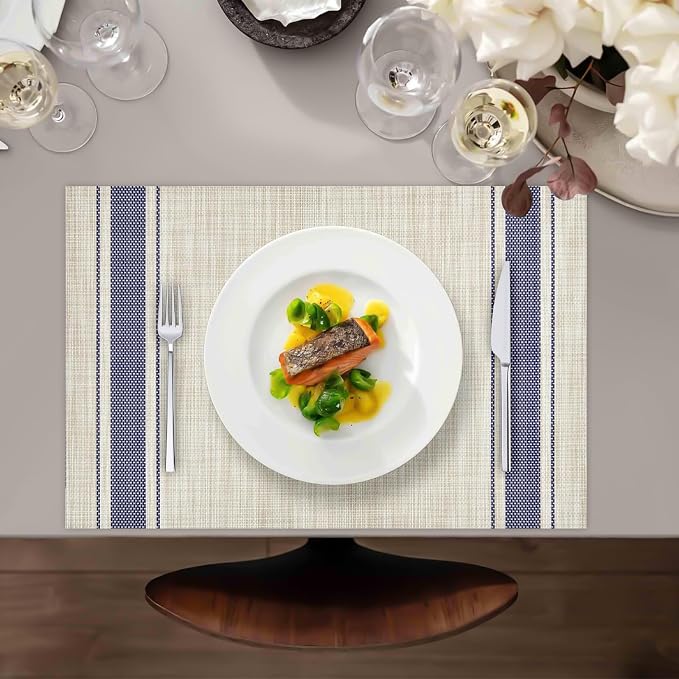 Khaki Blue Placemats Set of 6, 12x18 Inch Faux Linen Table Mats | Heat Resistant and Washable Design, Easy to Clean Surface for Dining Rooms, Kitchens, Outdoor Parties and Everyday Home Decor