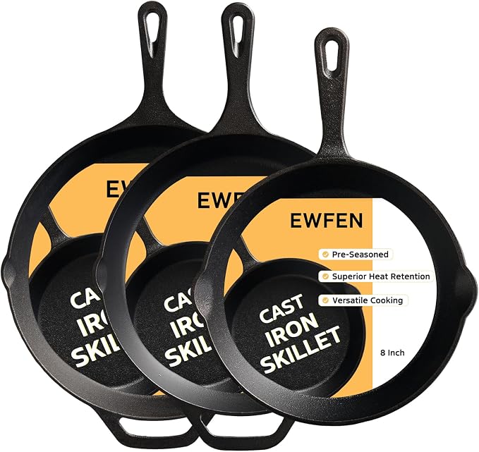 EWFEN Cast Iron Skillet 3-Piece Set, 8", 10" & 12" Pre-Seasoned Frying Pans, Heavy-Duty Professional Restaurant Chef Quality Cookware w/Drip Spout, Indoor & Outdoor Use, Oven, Stove, Grill & Campfire
