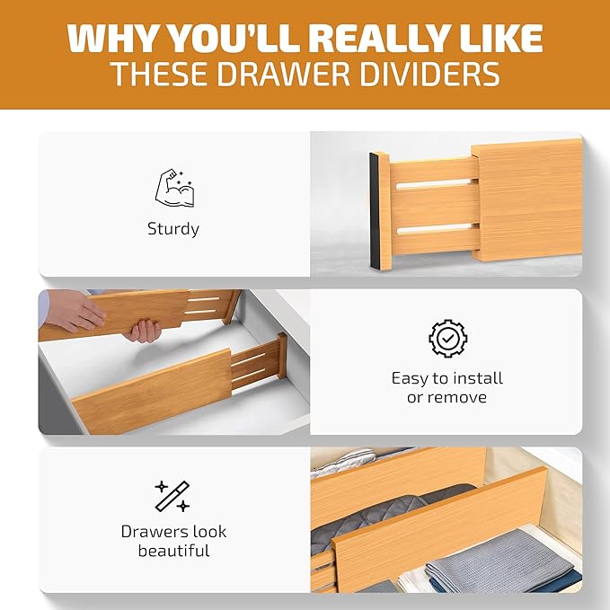 6-Pack Deep Drawer Dividers 4-Inch High Dresser Drawer Organizer, Bamboo | Adjustable 11.5-17 Inch Spring-Loaded Separators for Clothes, Utensils, Socks, Bedroom, Bathroom, Kitchen, Office, No Tools