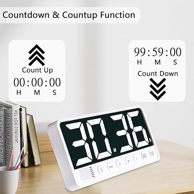 Digital Kitchen Timer - 7.1” Extra Large Display LED Countdown Timer | Rechargeable Magnetic Back, 6 Alarms 4 Levels Volume, 3Memory Presets, Max 99Hrs, On/Off, Automatic Off for Classroom Kitchen