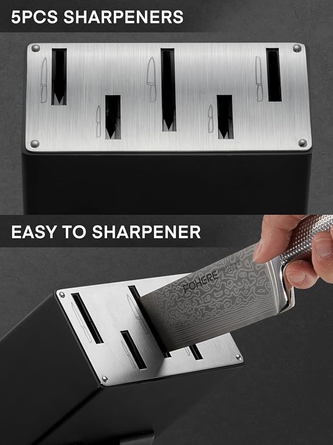 Knife Set, FOHERE 7 Pieces Kitchen Knife Set with Built-in 5 x Sharpeners, Waved Texture Knife Set with Block, Stainless Steel Knife Block Set, Sharp Knives Set with Ergonomic Handle