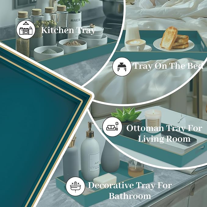 Green Serving Tray with Handles, Plastic Decorative Tray Set of 2 | Decorative Tray for Coffee Table, Modern Ottoman Tray, Rectangle Melamine Tray for Living Room, 15.8"L x 10.2"W x 1.4"H